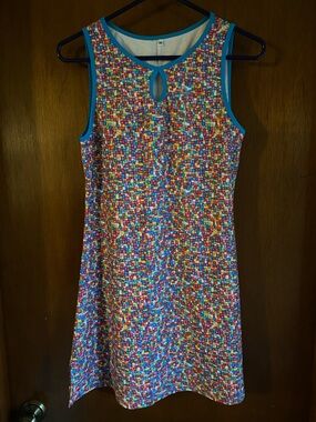 Nuu Muu Keyhole Vintage Sleeveless Multi-Color Mosaic Mini Dress with Blue Trim